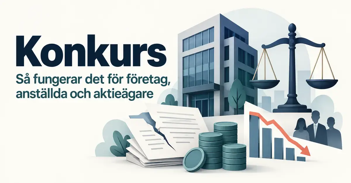 Illustration om konkurs med en företagsbyggnad, en balansvåg, dokument, mynt och anställda intill en fallande aktiekurva.
